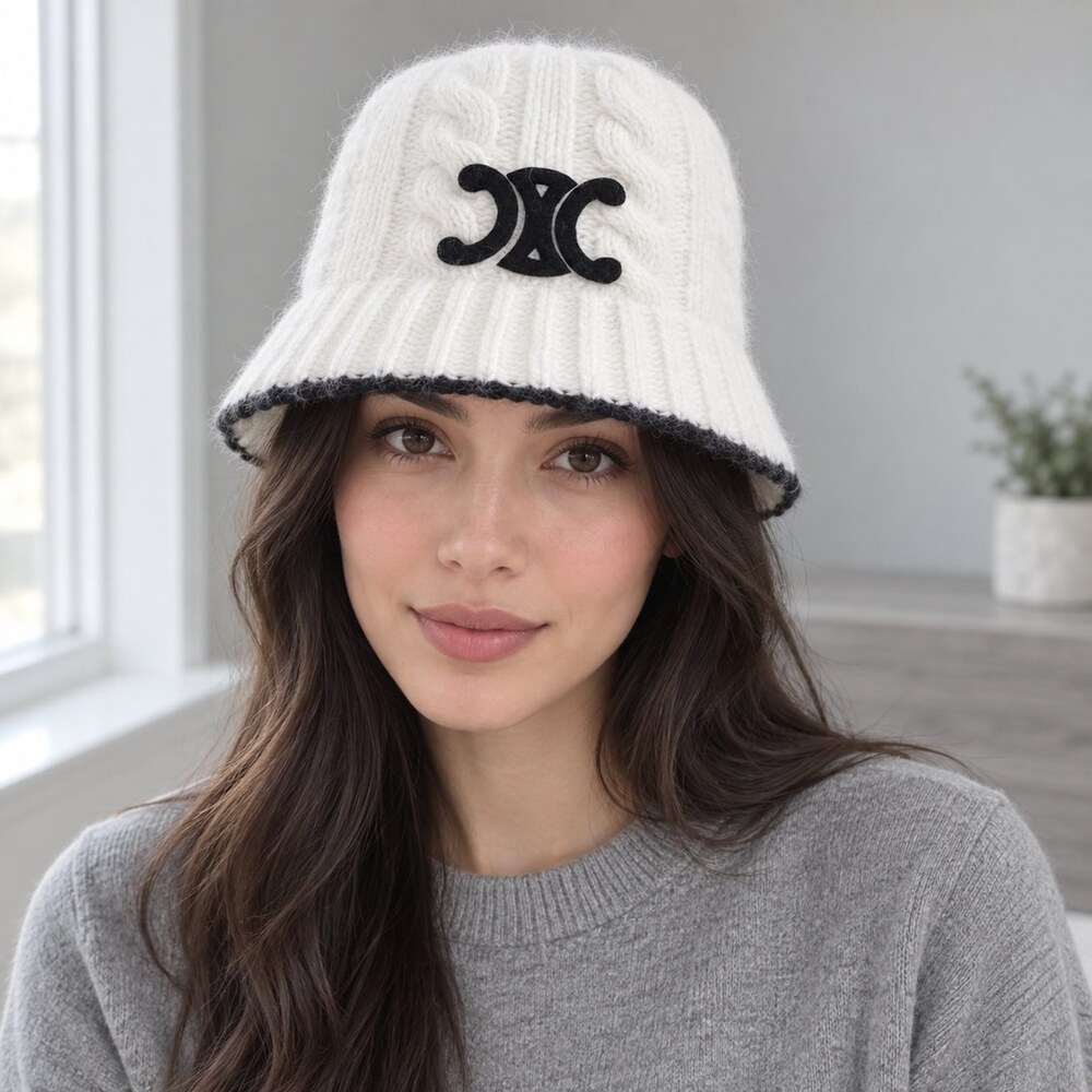 CELINE White Triomphe Knit Bucket Beanie - Picture 2 of 6
